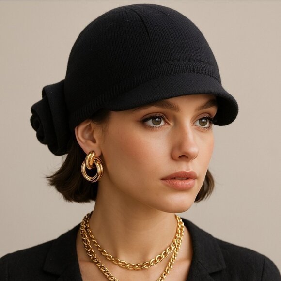 Sonia Rykiel Black Knit Hat Oversized Flower Detail Designer Women's Access T.2 - Picture 1 of 10